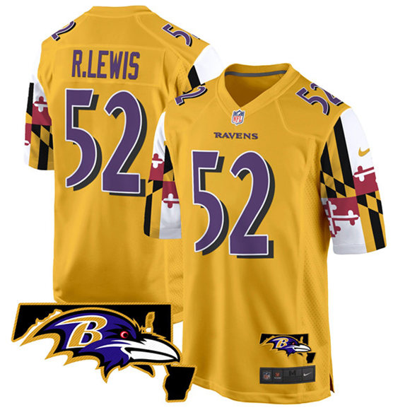 Men's Baltimore Ravens #52 Ray Lewis Gold 2025 Maryland Flag Vapor Limited Football Game Jersey Men's Baltimore Ravens #52 Ray Lewis Gold 2025 Maryland Flag Vapor Limited Football Game Jersey